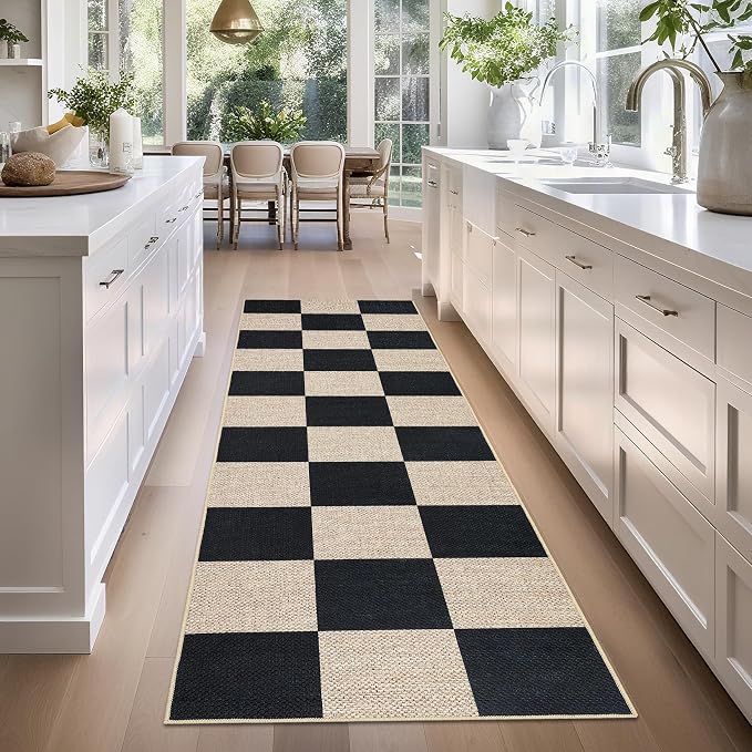 GarveeHome Checkered Easy Jute Runner Rug 2x6 Non-Slip Machine Washable Stain Resistant Indoor Outdoor Rugs for Living Room, Bedroom, Kitchen, Dining, Patio - Farmhouse Style Black