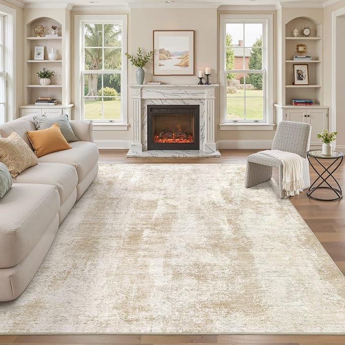 UERMEI 10x12 Area Rug for Living Room Washable Abstract Beige Carpet | Low Pile Non-Slip Soft Neutral Modern Kid Pet Friendly Large Rugs For Bedroom Dining Room Nursery Office Indoor Decor