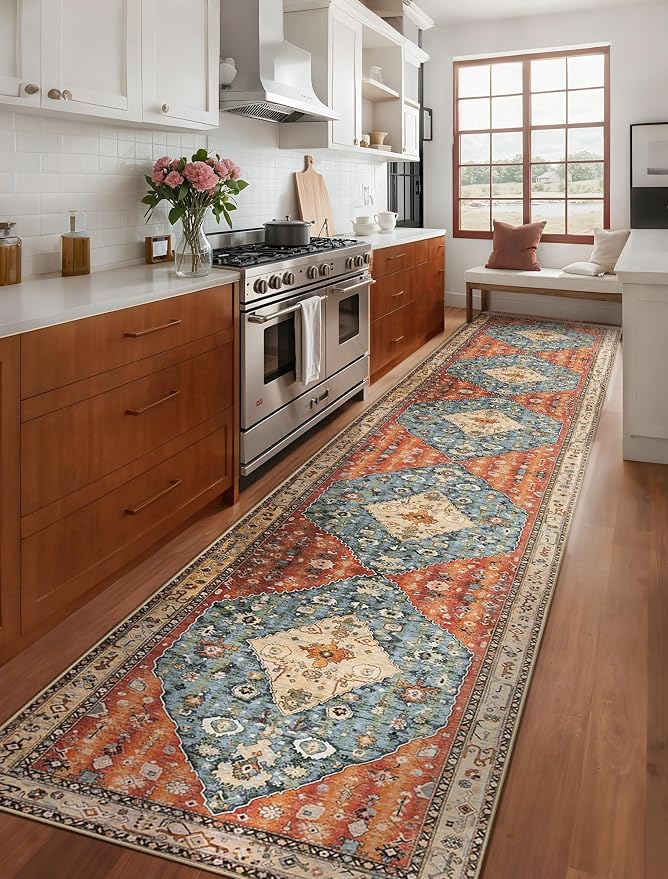 SERISSA 2'6"x14' Washable Non Slip Boho Runner Rug for Hallway | Ultra Soft Vintage Oriental Carpet Low-Pile Tribal Floor Carpet for Kitchen Bedroom Entryway Bathroom Laundry Room