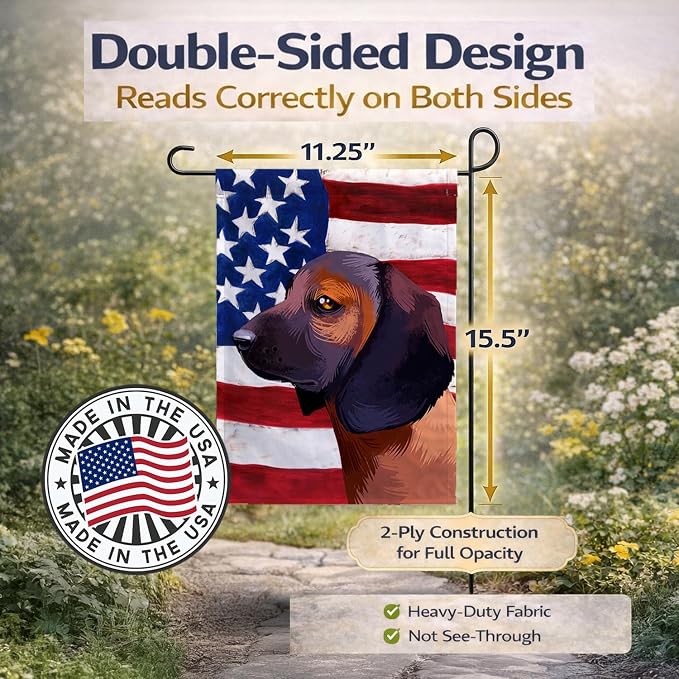 Caroline's Treasures CK6420GF Bavarian Mountain Hound American Flag Garden Flag Mailbox Flag Decorative Yard Flag Banner Outside Patio Artwork Yard Flower Beds, Garden Size, Multicolor