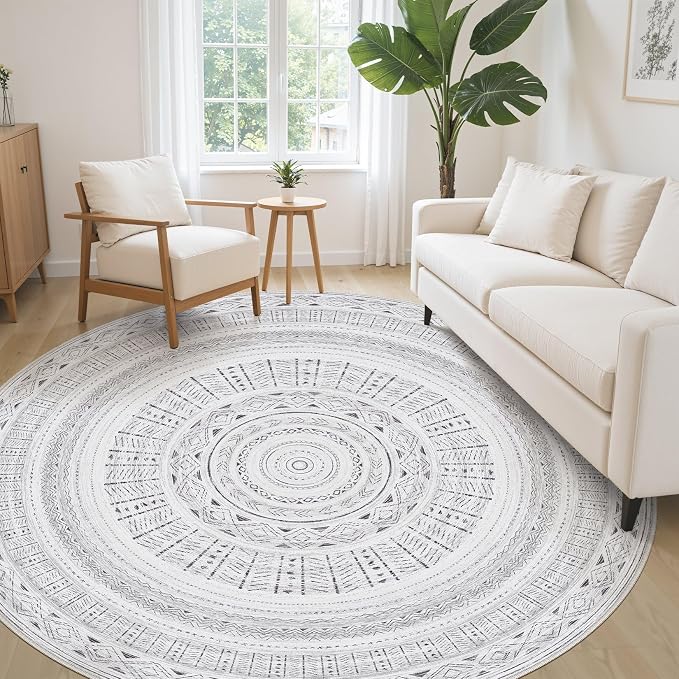 cotiled 8x8 Round Rug 8ft Circle Living Room Boho Area Rugs | Solve Modern Neutral Trendy Home Decor - Washable Foldable Indoor Carpet for Bedroom Home Office Dark Grey