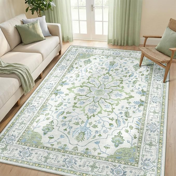 RELEANY Washable Area Rug, 5'x7', Green/White/Blue | Non-Slip, Water Repellent, Pet Friendly, Easy to Clean, Vintage Floral Boho Decor for Living Room Bedroom Dining Room Office