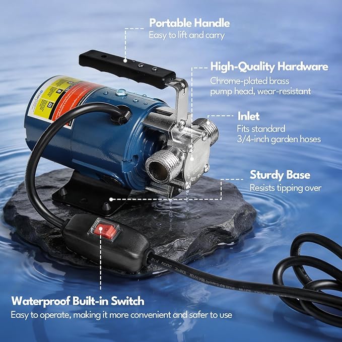 Portable Electric Water Transfer Pump, 115V 1/10HP 330GPH Garden Pump with On/Off Switch Suction Hose Kit for Low Suction Pumping from Garden Pool Aquarium Hot Tub Rain Barrel Water Bed
