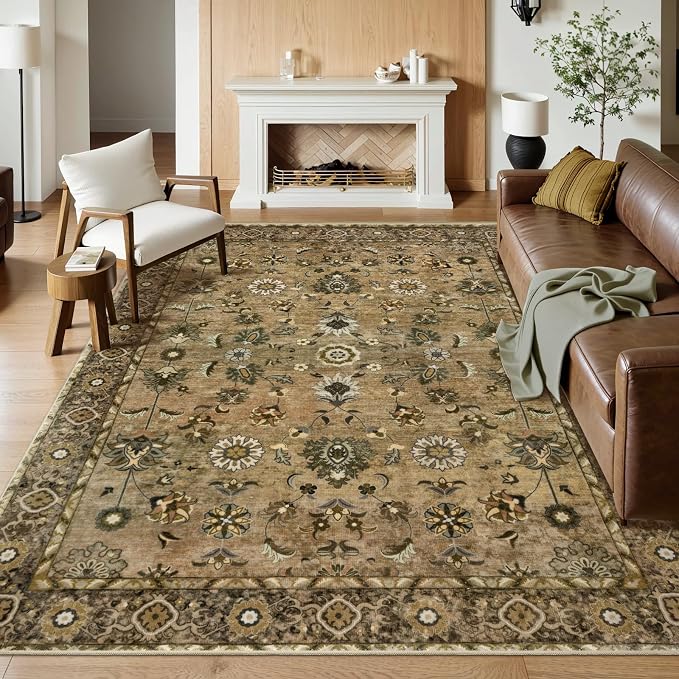 Tangsoo Brown 4x6 Washable Area Rugs for Living Room, Indoor Non Slip Rug | Vintage Machine Washable Large Rug Carpet, Farmhouse Soft Low Pile Foldable Rug for Dining Room Bedroom Bedside Home Decor