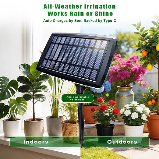 Solar Drip Irrigation System for 10 Potted Plants, Auto Watering Kit with 32FT Hose & 10 Drippers, Smart Timer & Low Water Alarm, Self Watering for Outdoor Balcony, No Electricity Needed