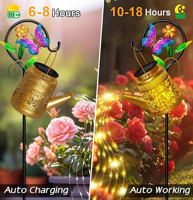 Butterfly Solar Watering Can Lights, Outdoor Waterproof Garden Lanterns with Shepherd Hook, Solar Garden Decor for Yard Outdoor Landscape Pathway, Gift for Women Mom Grandma Mothers Day Gifts, 2 Pack