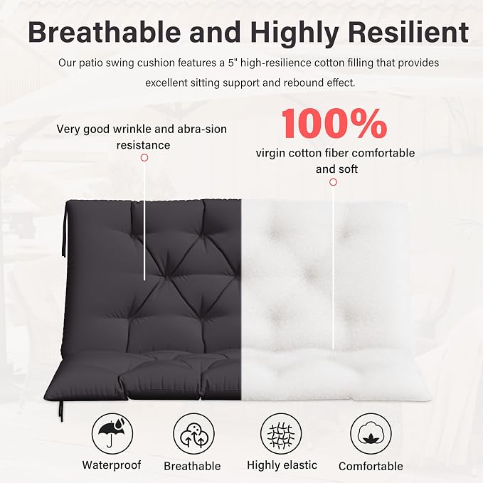 Porch Swing Cushion with Backrest,Waterproof Bench Cushion for Outdoor Furniture,2-3 Seater Replacement Thickened 5 in swing cushion,with Ties,Patio,Outdoor,Backyard and Garden (Grey,40x40 in)