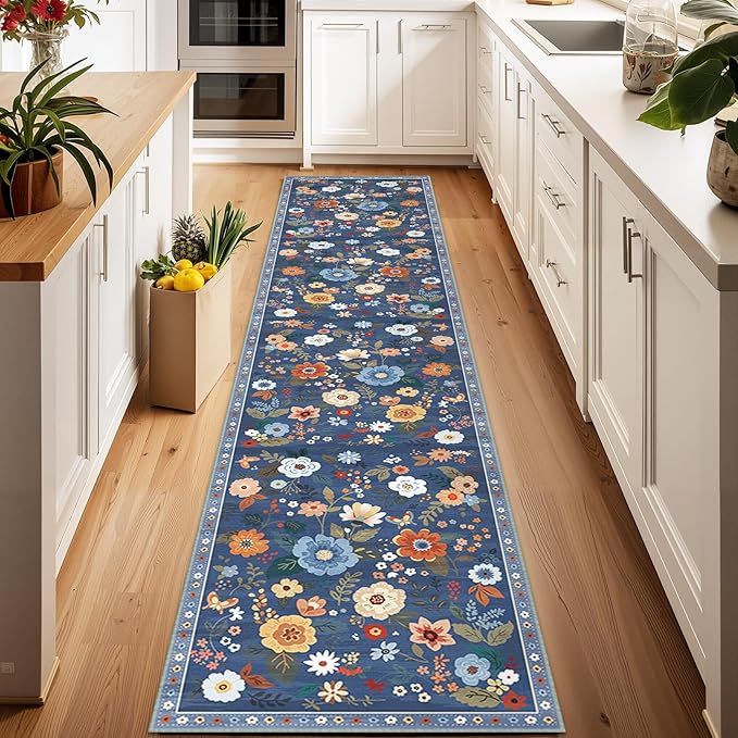 Floral Washable 2x10 Area Rugs Runner Entryway Hallway Blue/Grey | Flower Carpet, Print, Boho, Non-Slip, Easy to Clean, Low Pile, Soft, for Living Room Bedroom Kitchen Office Entrance