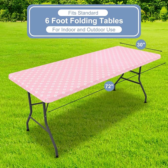 misaya Rectangle Vinyl Table Cloth, Elastic Fitted Tablecloth with Flannel Backing, Waterproof Plastic Table Cover Fits 6 Foot Folding Tables for Picnic, Camping, Indoor and Outdoor (Pink, 30" x 72")