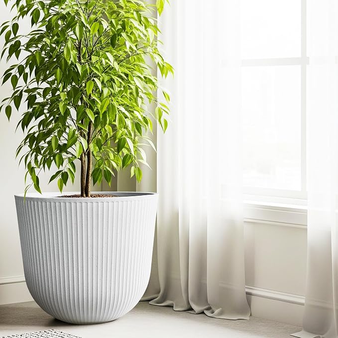 Worth Garden Round Large Planter Pot 1-Pack - 17.5" Dia x 15.5" H - Durable Plastic White Plant Tree Pots with Vertical Stripe Textured Finish, Drainage Hole for Indoor, Outdoor, Front Porch, Patio