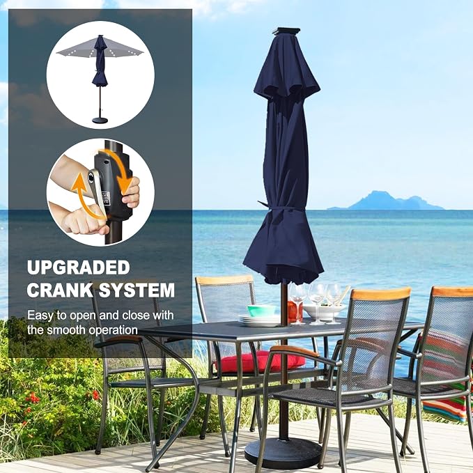 Eurmax USA 10-Year-Non-Fading 10FT Outdoor Patio Market Umbrella with LED Lights,UPF50+ UV Resistant,Heavy Duty Commercial Grade,Crank Lift Design,Windproof Vented Top for Garden,Pool,Deck,Navy Blue