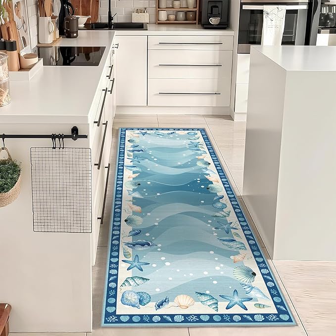 Coastal Area Rug 2x6 for Living Room, Nautical Beach Ocean Modern Print Area Rug, Blue Non-Slip Low-Pile Machine Washable Indoor Floor Carpet for Dining Room Bedroom Office