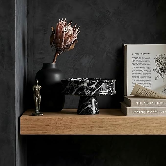 Marble Fruit Bowl for Kitchen Counter, 10" Handcrafted Natural Stone Decorative Bowl, Catch-All Key Dish, Dining Table Centerpiece, Pedestal Bowl, & Housewarming Gift (Black Marble)