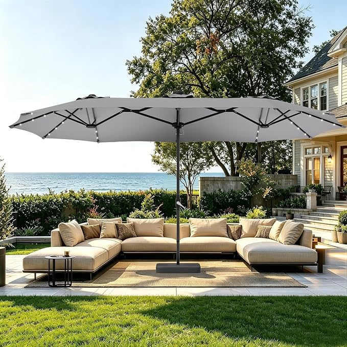 DomeShade 15ft Double-Sided Rectangle Patio Umbrella with 36 LED Solar Lights&base,UV50+ Weather-Resistant Outdoor Umbrella,Crank Lift,Patio Shade for Pool, Garden, Backyard–Gray