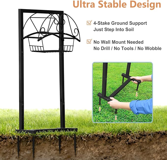 Skypatio Garden Hose Holder with Basket, Metal Water Hose Holder Holds 150ft Hose, Freestanding Hose Storage Stand with 4 Stakes, Rust-Resistant Heavy Duty Hose Hanger for Outside