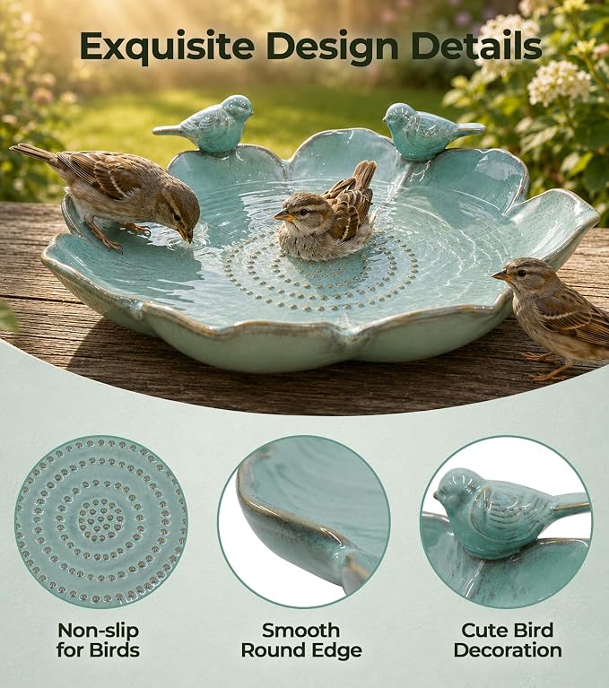 11.8" Ceramic Birdbaths for Outdoors | Bird Bath for Outside with Bird Figurines, Decorative Outdoor Bird Bath Bowl for Garden Decor, Gifts for bird lovers