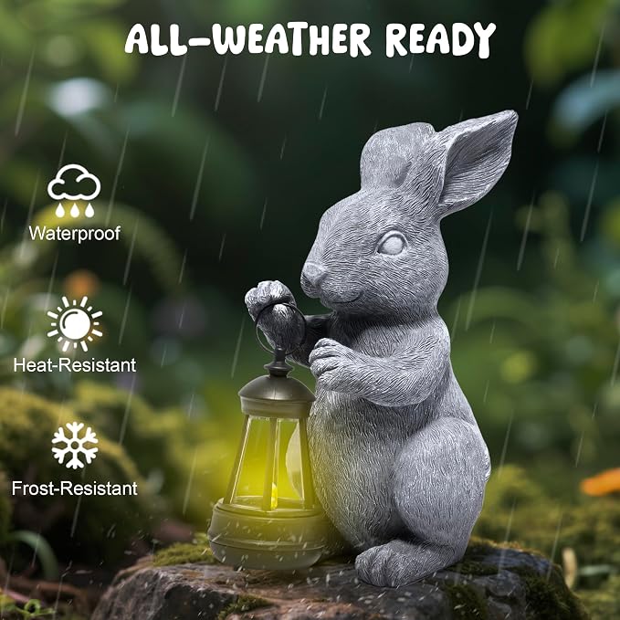 basen Outdoor Bunny Statue with LED Lantern, Battery Powered Resin Rabbit Garden Decor, Weather Resistant Gray Bunny Ornament for Lawn Yard Patio Outdoor Indoor Spring Easter Decoration