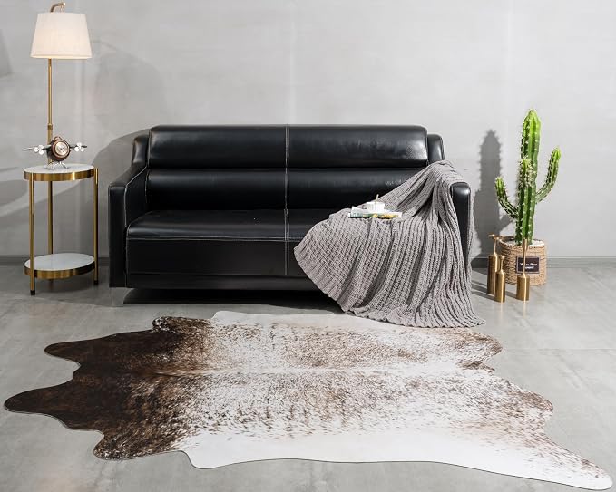 6x7 Cowhide Rug, Washable Faux Brown and White Hide Area Rugs for Living Room, Vintage Cabin Spotted Animal Skin Print Carpet for Under Couch Bedroom, Synthetic Cowskin Leather Decor