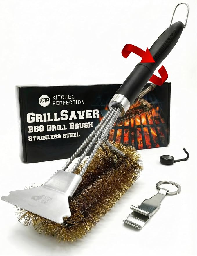 Kitchen Perfection Brass BBQ Grill Cleaning Brush and Scraper -GrillSaver | Safe Brass Wire Bristles for Porcelain & Ceramic Grates, Replaceable Head, Magnetic Hanger, Bottle Opener & 3 Ebooks