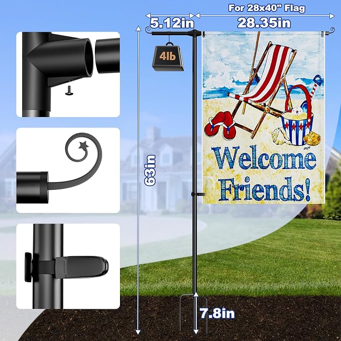Upgraded 63 Inch Garden Flag Pole Holder,Heavy Duty 5/8 inch Stainless Steel Flagpole Stand,Weatherproof Ground Flag Stand for Outdoor Yard Lawn Patio House Decor,Suitable for 28x40 Flag