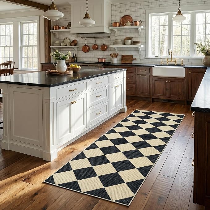 GarveeHome Checkered Rug Runners 2x6 Non Slip Kitchen Runner for Hallway | Soft Black and Brown Diamond Print Entryway Rug Thin Laundry Mat Stain Resistant Carpet for Bedroom Bathroom Beside