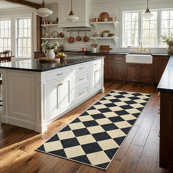 GarveeHome Checkered Hallway Runner Rug 2.5x10 Long Kitchen Runner Non Slip | Soft Black and Brown Diamond Print Entryway Rug Thin Laundry Mat Stain Resistant Carpet for Bedroom Bathroom Beside