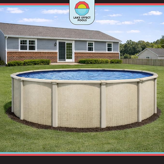 Lake Effect Pools 'Impressions' 27 ft Round Above Ground Swimming Pool | 48 Inch Resin Protected Steel Sided Walls | Bundle Includes: 25 Gauge Overlap Liner & Widemouth Skimmer