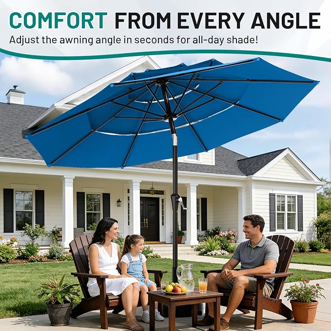 AreShark 9ft 3-Tier Patio Umbrellas, Outdoor Umbrella with 8 Sturdy Ribs UV Protection Windproof, Market Table Umbrella w/Push Button Tilt & Crank for Pool, Porch, Deck, Garden(Royal Blue)