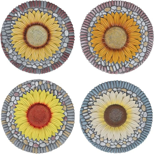 PINPON 4 Pack Sunflower Stepping Stones – 10 Inch Cement Garden Pavers with Colorful Pebble Border, Hand-Painted Outdoor Walkway Stones, Weather-Resistant Decorative Path Stones for Patio & Yard