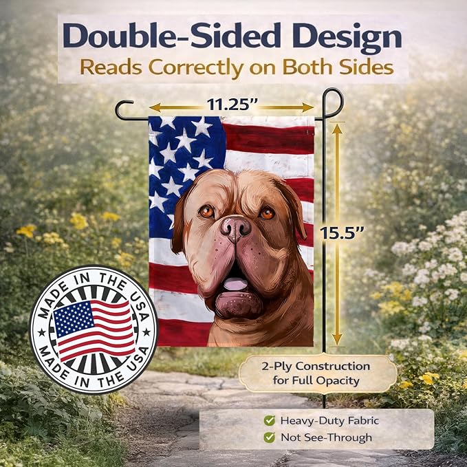 Caroline's Treasures CK6505GF Dogue de Bordeaux Dog American Flag Garden Flag Mailbox Flag Decorative Yard Flag Banner Outside Patio Artwork Yard Flower Beds, Garden Size, Multicolor
