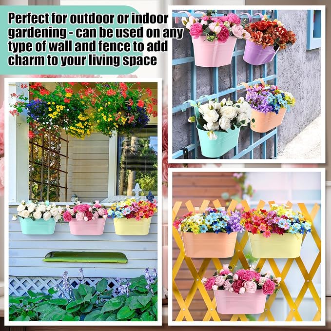12 Pack Hanging Flower Pot Colorful Metal Iron Bucket Fence Hanging Planters with Detachable Hook Bucket Flower Holder for Railing Balcony Garden Yard Spring Decor (10.6X 5.5 x 4.7 in,Round)