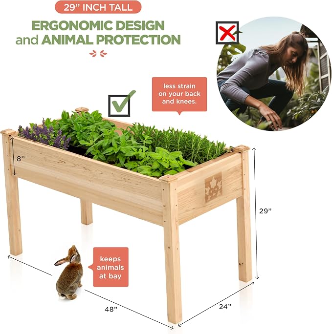 Maple99 Raised Garden Bed with Legs 48x24x30 - Natural Cedar Wood Elevated Planter Box with Bed Liner for Flowers, Veggies, Herbs - 200lb Capacity
