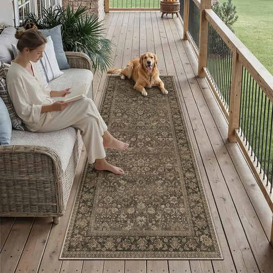 HUGEAR 2x6 Indoor/Outdoor Runner Rug Brown Linen-Look Fabric Vintage Area Rug High Traffic Stain Resistant Easy Clean Durable Rugs for Kitchen Hallway Entryway Balcony Porch Garden Courtyard