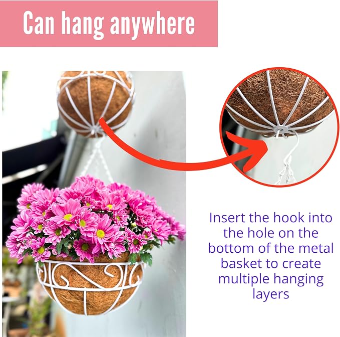 LaLaGreen Hanging Planter For Outdoor (20 Inch, 4 Pack) Extra Large White Metal Wire Hanging Plant Planter with Coco Liner Round Garden Balcony Country Decor Flower Pot Deck Porch Holder Hanger Modern