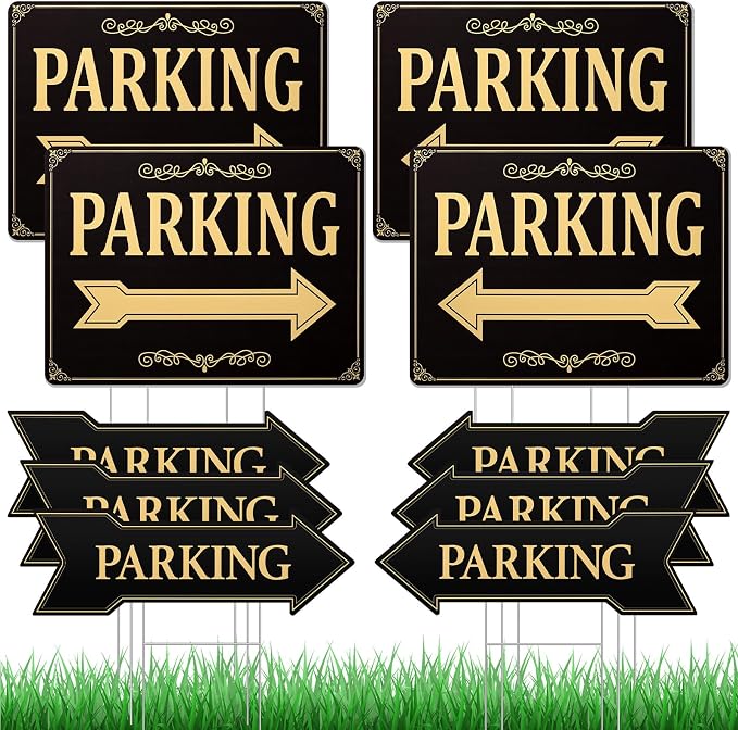 Menkxi 10 Pcs Wedding Parking Sign with Stake, Double-sided Parking Direction Signs, Corrugated Plastic Black & Gold Yard Signages for Party Outdoor Events – Includes 17" x 6" and 12" x 16" Sizes