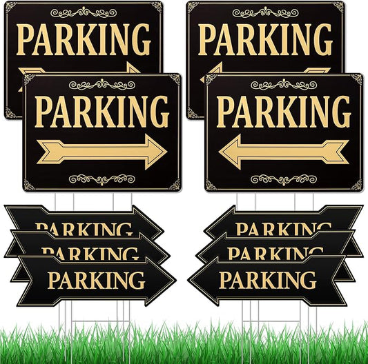 Menkxi 10 Pcs Wedding Parking Sign with Stake, Double-sided Parking Direction Signs, Corrugated Plastic Black & Gold Yard Signages for Party Outdoor Events – Includes 17" x 6" and 12" x 16" Sizes