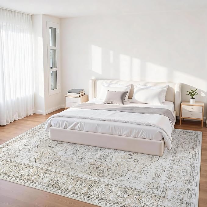 5x7 Washable Area Rugs for Bedroom Beige White Non-Slip Rug | Vintage Medallion Rug，Soft Low Pile Large Rugs，Indoor Retro Carpet for Bedroom Nursery Dining Table Farmhouse Home Office