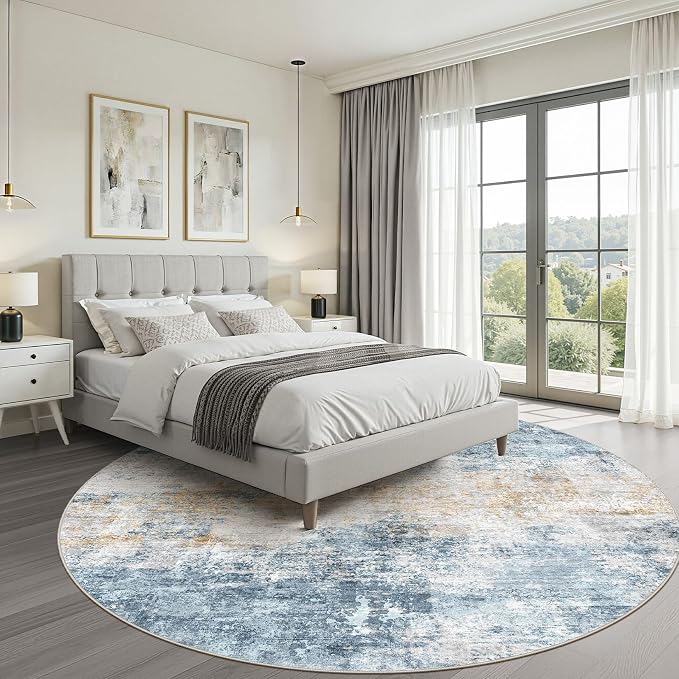 LOONGRUG Round Rug 8x8 Washable Neutral Modern Living Room Rug Blue Gold | Circle Large Abstract Soft Stain Resistant Indoor Non-Slip Carpet for Bedroom Nursery Kids Office Playroom Dining Room