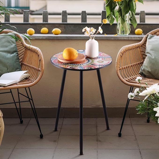 Party Zealot Metal Mosaic Round Side Table Set of Two 13.4" Small Outdoor Patio Round Accent Coffee Tables Indoor Corner Stand for Small Space Weather-Resistant for Balcony Plant Stand