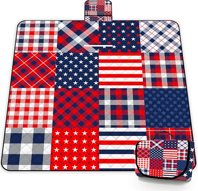 Poedist Extra Large Patriotic Picnic Blanket Waterproof,80"x 80"Foldable Machine Washable Beach Blanket,Outdoor Blanket for 6-8 Adults,Suitable for Indoor Crawling,Park,Camping,Hiking,Family Travel
