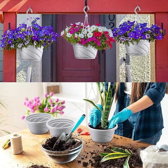 Tioncy 50 Pcs Plastic Hanging Planter Round Hanging Pot for Plants Containers with Hook Flower Plant Pots Holders for Outdoor Indoor Plant Balcony Garden Decor(Gray White,6.7inch)