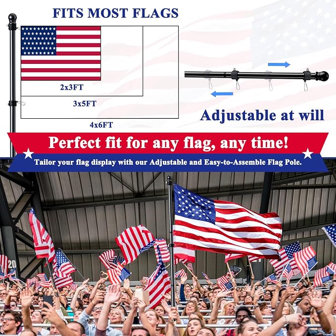 PHITRIC Flag Pole Kit, Tangle Free Spinning Stainless Steel Rustproof Flagpole for 3x5 Sports Fan Outdoor Flags for Outside House (Black, 6FT, with Bracket)