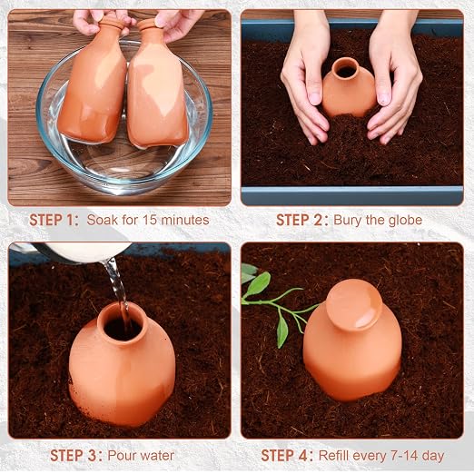 DoubleFill 4 Pcs 18oz Ollas Terracotta Watering Pots Self Watering Planter Insert Terracotta Globes Clay for Outdoor Indoor Garden Plants, Easy to Refill