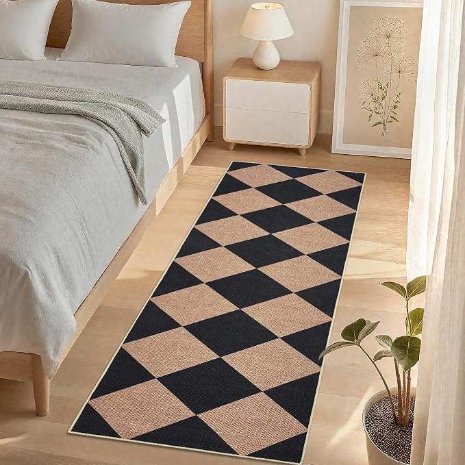 GarveeHome Easy Jute Rugs 2x8 Checkered Kitchen Runner Rugs Non Skid Washable Stain Resistant Indoor Outdoor Rugs for Living Room, Bedroom, Dining, Patio - Farmhouse Style Black Tan
