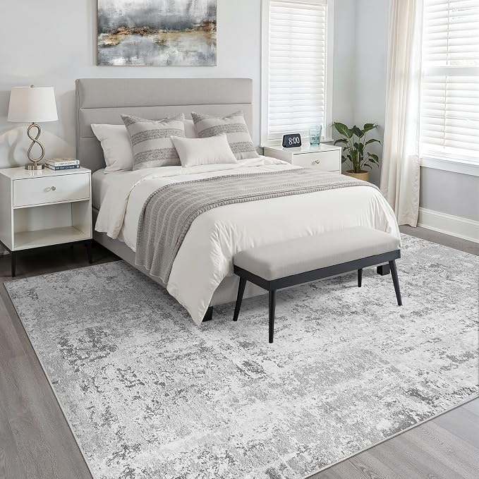 LOONGRUG 8x10 Area Rugs Washable Neutral Modern Living Room Rug Light Gray | Abstract Soft Stain Resistant Indoor Non-Slip Carpet for Bedroom Nursery Kids Office Playroom Dining Room