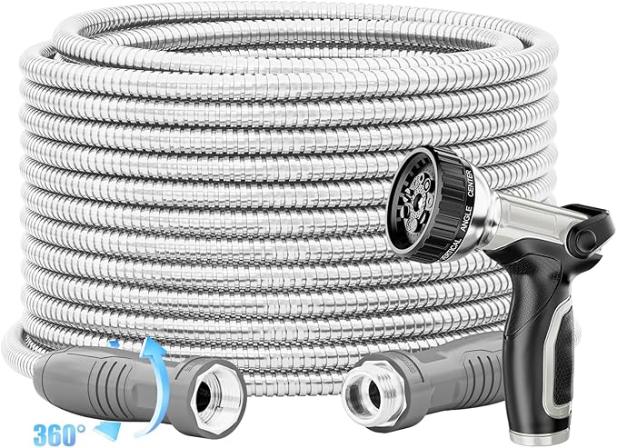 SPECILITE 304 Stainless Steel Garden Hose 100ft with 360° Swivel Handle, Lightweight & Flexible Metal Water Hose with Heavy Duty Nozzle for Yard, Outdoor, Lawn