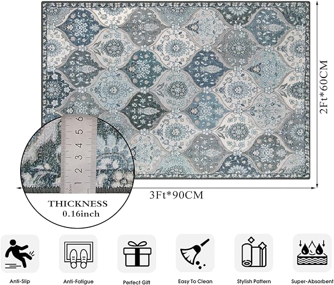 Lahome Moroccan Trellis Front Door Mat Indoor Entrance, 2x3 Rugs for Entryway Non-Slip Washable Indoor Door Mat, Oriental Accent Small Rug for Kitchen Bedroom Bathroom Elise, Blue