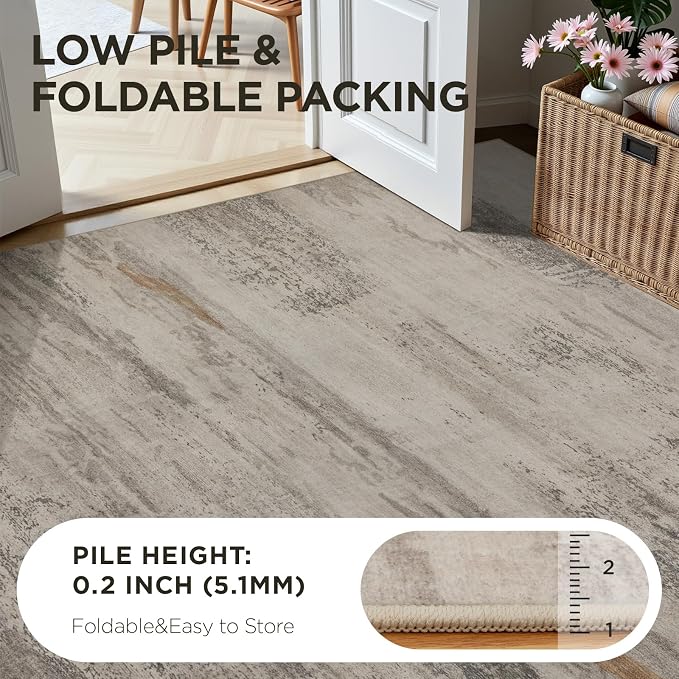 Joydeco 2x6 Modern Abstract Washable Runner Rug – Low Pile Faux Wool with Non-Slip Backing, Neutral Print Carpet Runner for Hallway, Kitchen, Entryway and Bedroom, White&Grey&Brown