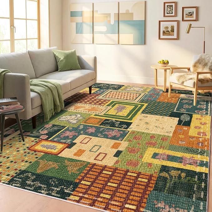6x9 Floral Patchwork Area Rugs for Living Room, Colorful Green Boho Rug | Upgraded Non Slip Carpet, Washable Rug for Dining Room Office Home, Abstract Low Pile Large Rugs, Southwestern Cottagecore