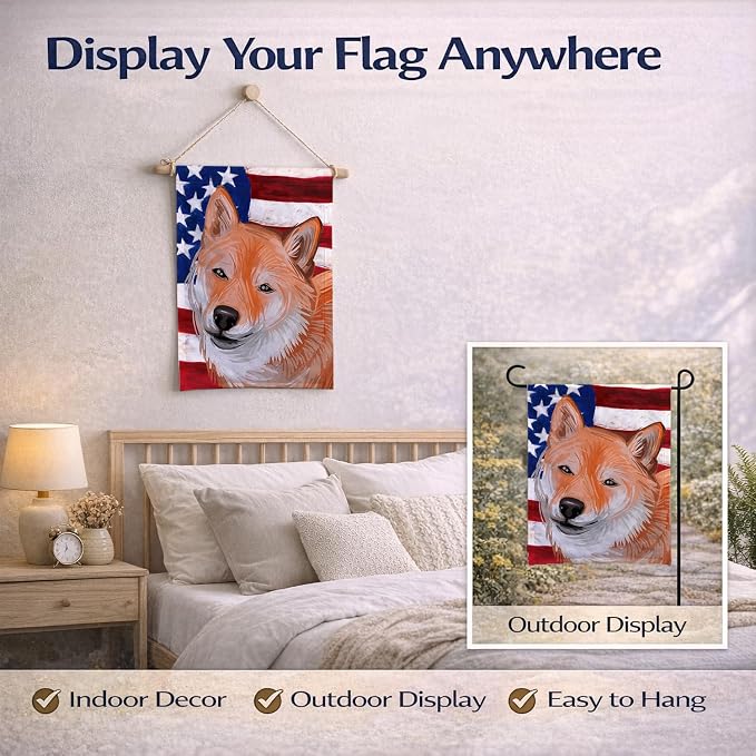 Caroline's Treasures CK6704GF Shiba Inu Dog American Flag Garden Flag Mailbox Flag Decorative Yard Flag Banner Outside Patio Artwork Yard Flower Beds, Garden Size, Multicolor